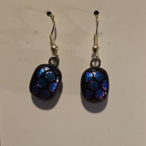 Iridescent Glass Earrings with Black, Blue, and Purple Accents